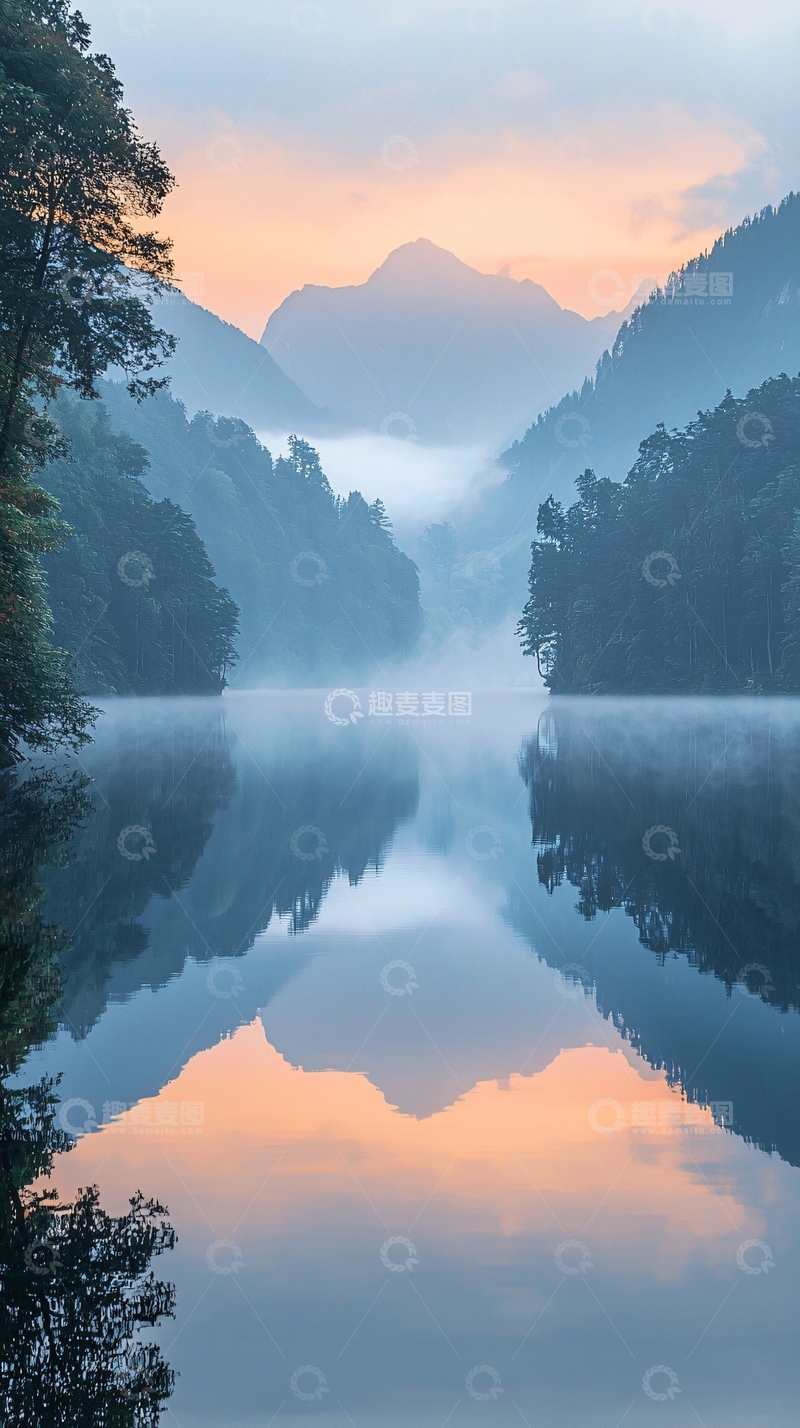 高清大图下载【趣麦麦图】山间湖泊的宁静清晨