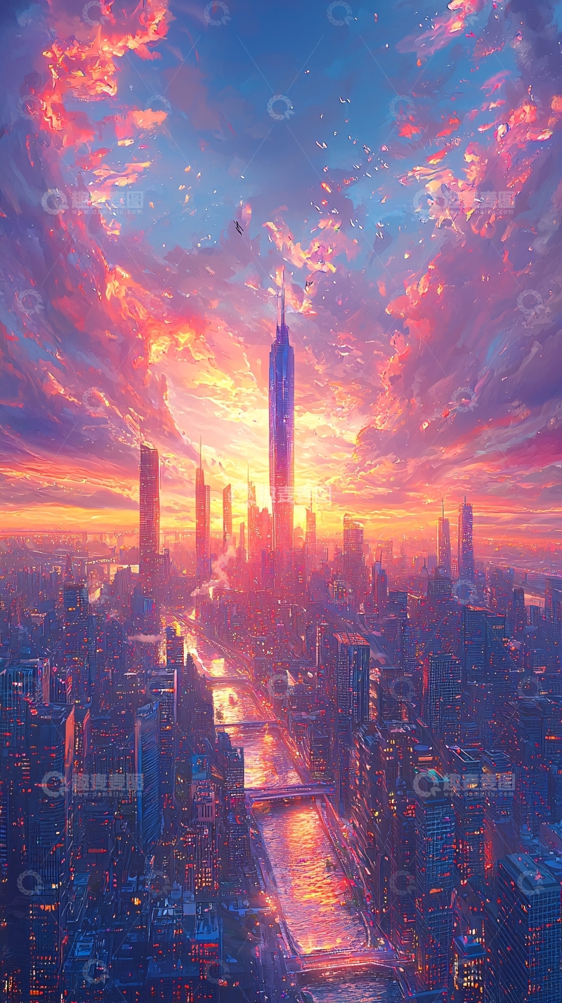 高清大图下载【趣麦麦图】绚丽天空下的未来城市