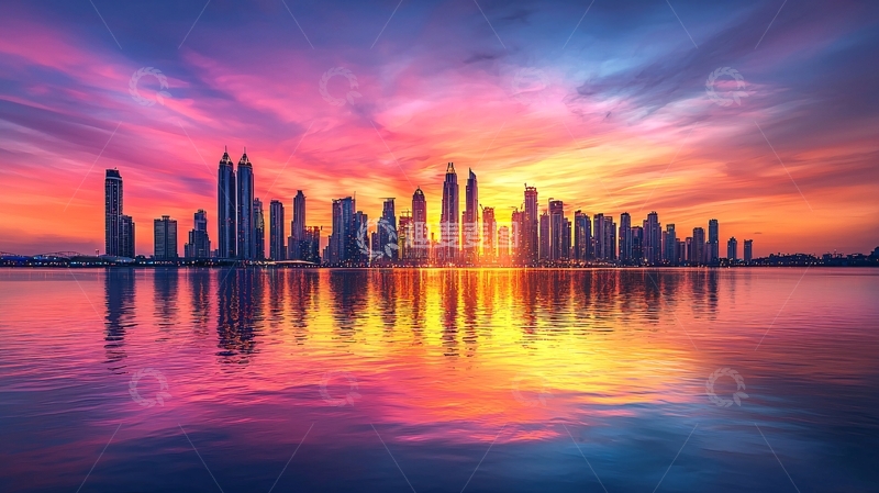 高清大图下载【趣麦麦图】城市天际线日落倒影