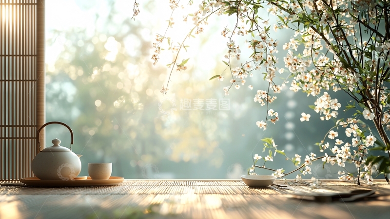 高清大图下载【趣麦麦图】茶具与窗外花树阳光