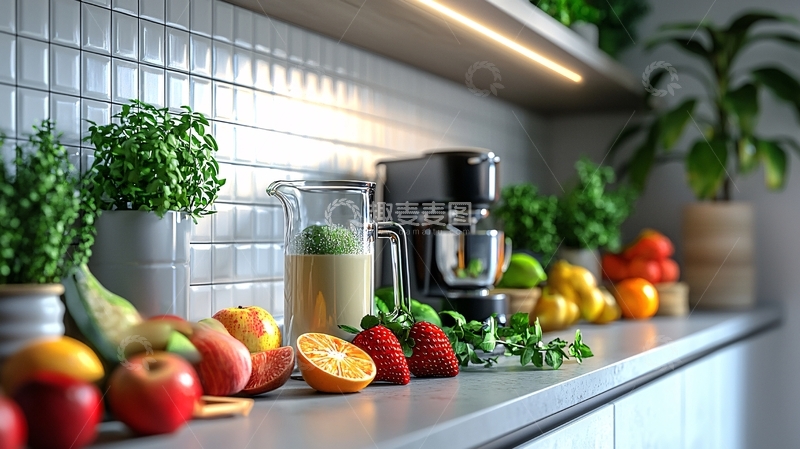 高清大图下载【趣麦麦图】厨房台面上的新鲜水果和植物