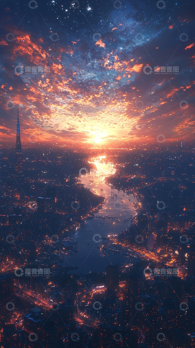 高清大图下载【趣麦麦图】城市夜景日落时分