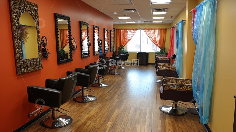 高清大图下载【趣麦麦图】橙色墙壁美发沙龙内景