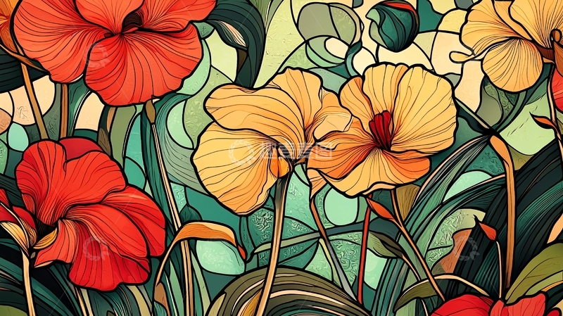 高清大图下载【趣麦麦图】红黄花朵艺术插画