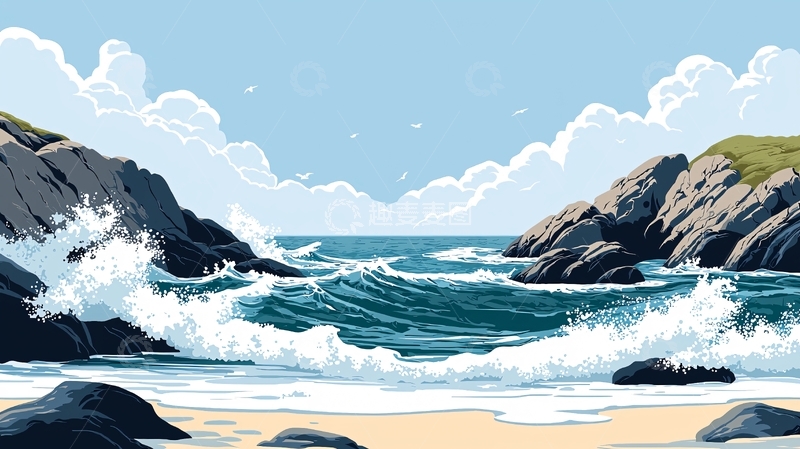 高清大图下载【趣麦麦图】海浪拍打岩石海岸的风景