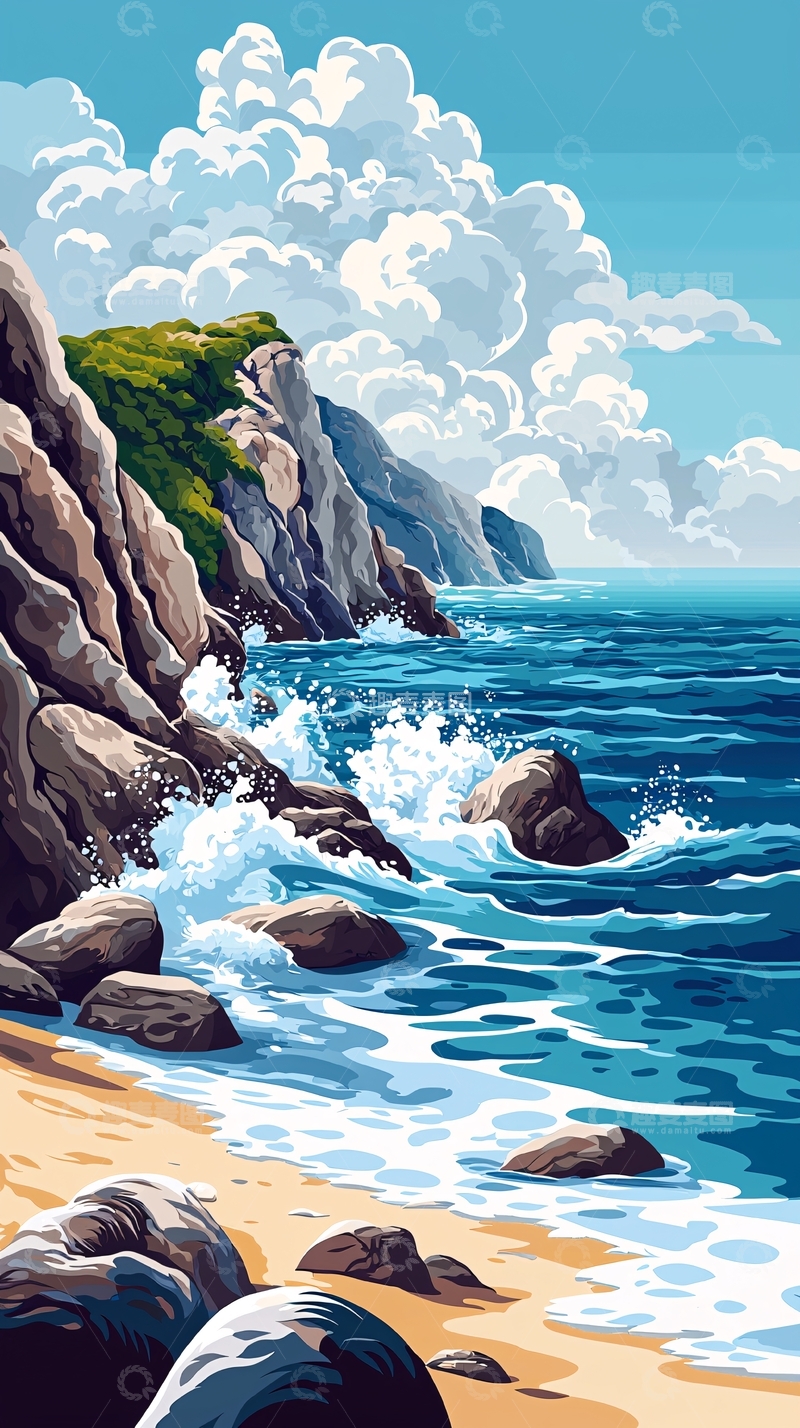 高清大图下载【趣麦麦图】海岸岩石海浪清新风景