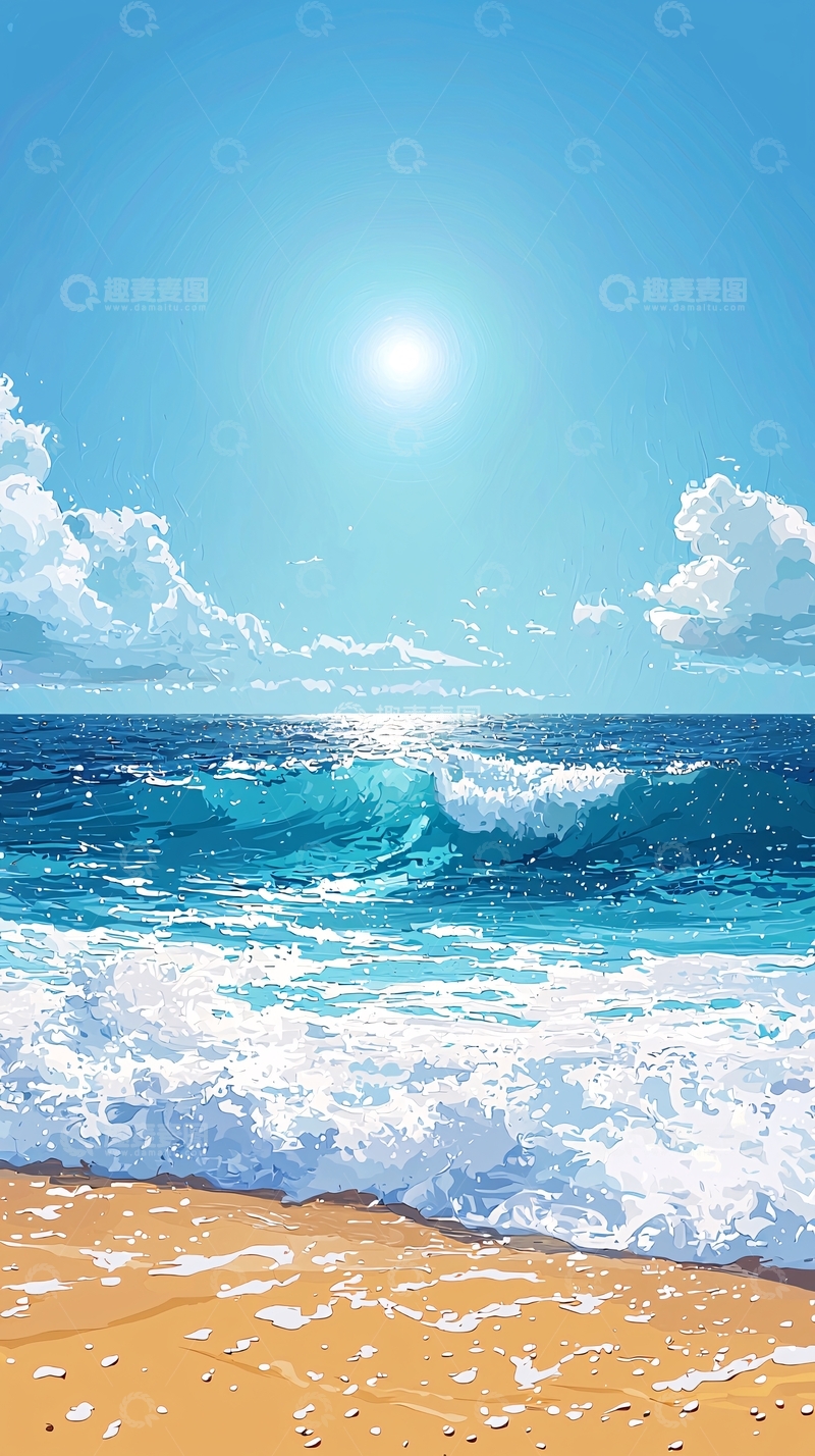 高清大图下载【趣麦麦图】蓝色天空下的海滩波浪