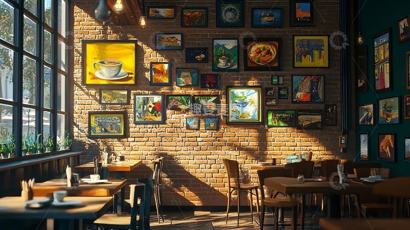 高清大图下载【趣麦麦图】砖墙咖啡馆阳光洒满画框