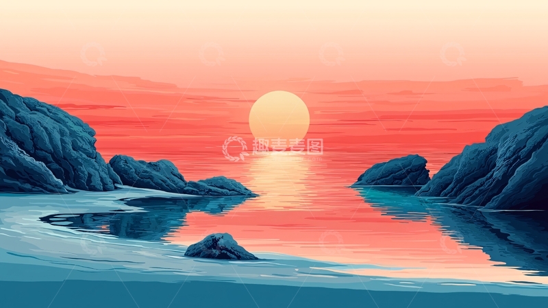 高清大图下载【趣麦麦图】海边日落的平静水面