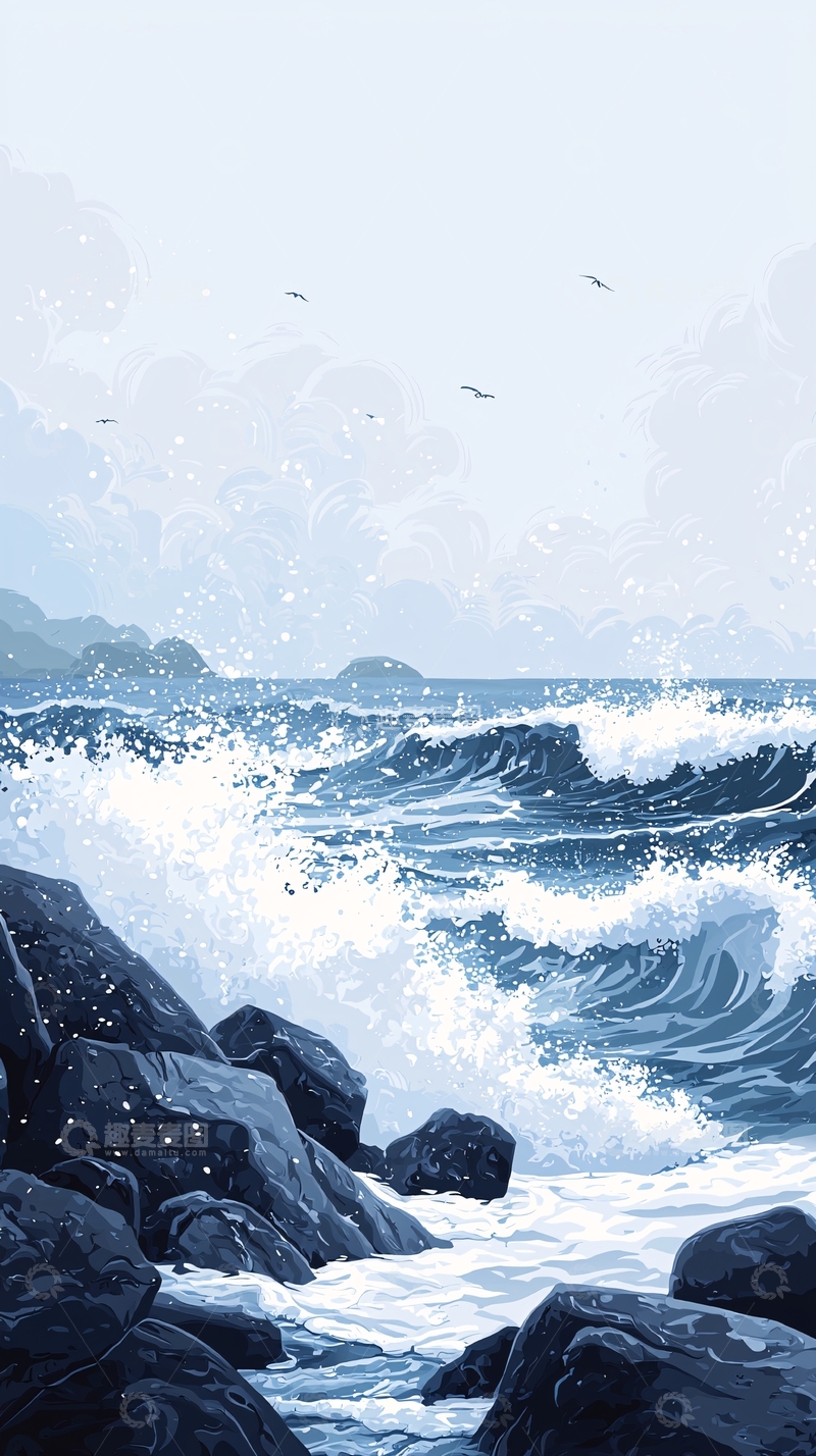 高清大图下载【趣麦麦图】蓝色海浪冲击岩石海岸