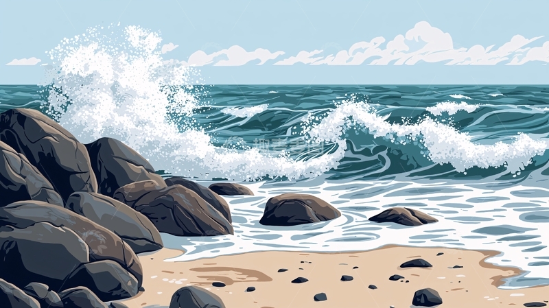 高清大图下载【趣麦麦图】海浪拍打礁石的海岸