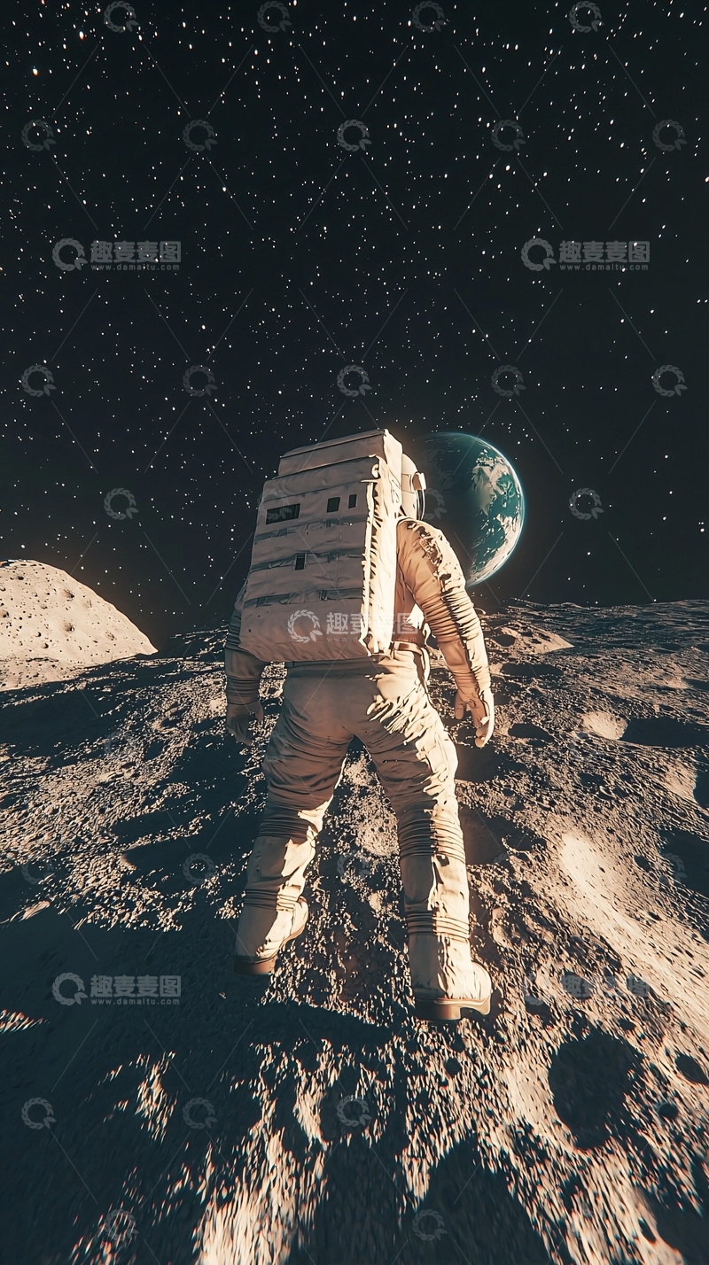 高清大图下载【趣麦麦图】宇航员在月球表面眺望地球