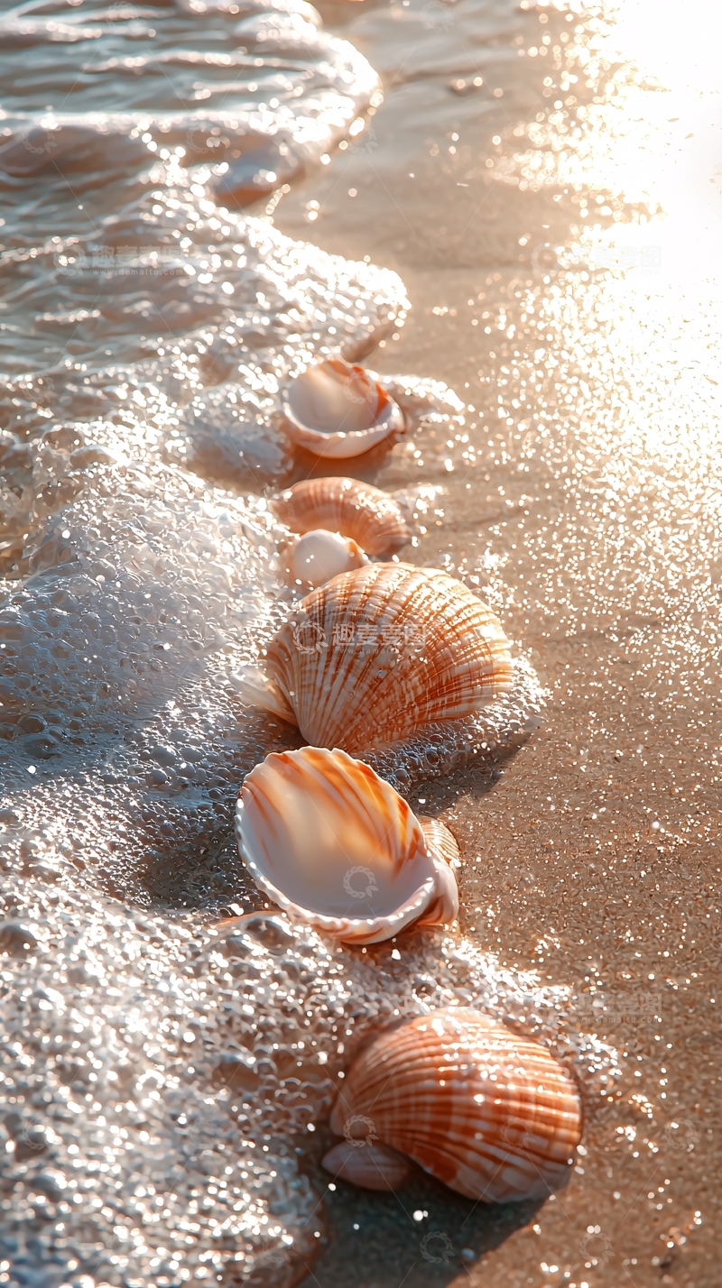 高清大图下载【趣麦麦图】海滩上的贝壳被海浪冲刷