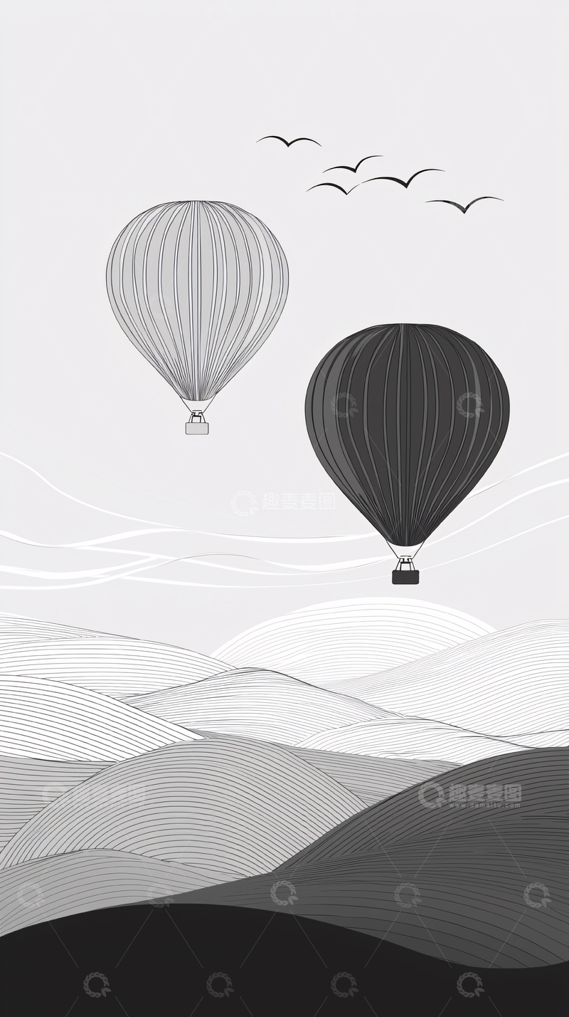 高清大图下载【趣麦麦图】热气球飞行在山脉之上