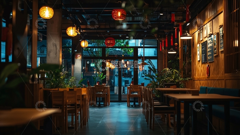 高清大图下载【趣麦麦图】昏暗灯光下的木质餐厅