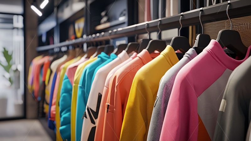 服装店货架上颜色鲜艳的卫衣