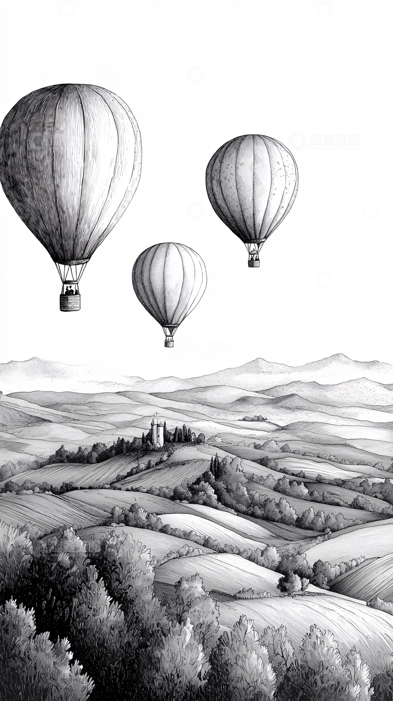 高清大图下载【趣麦麦图】热气球飞越田野乡村