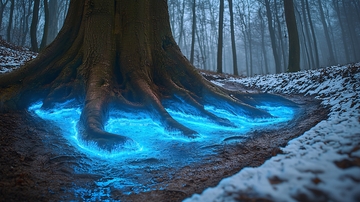 蓝光环绕树根的魔幻场景