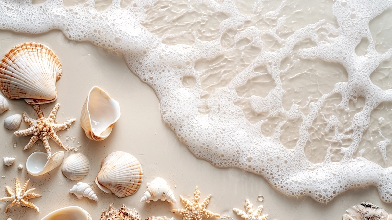 高清大图下载【趣麦麦图】海滩上的贝壳与泡沫
