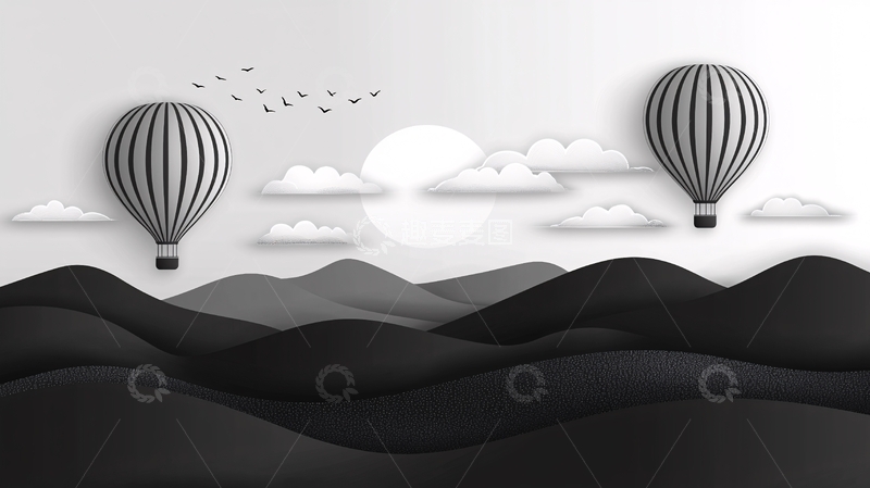 高清大图下载【趣麦麦图】热气球飞行在山脉之上
