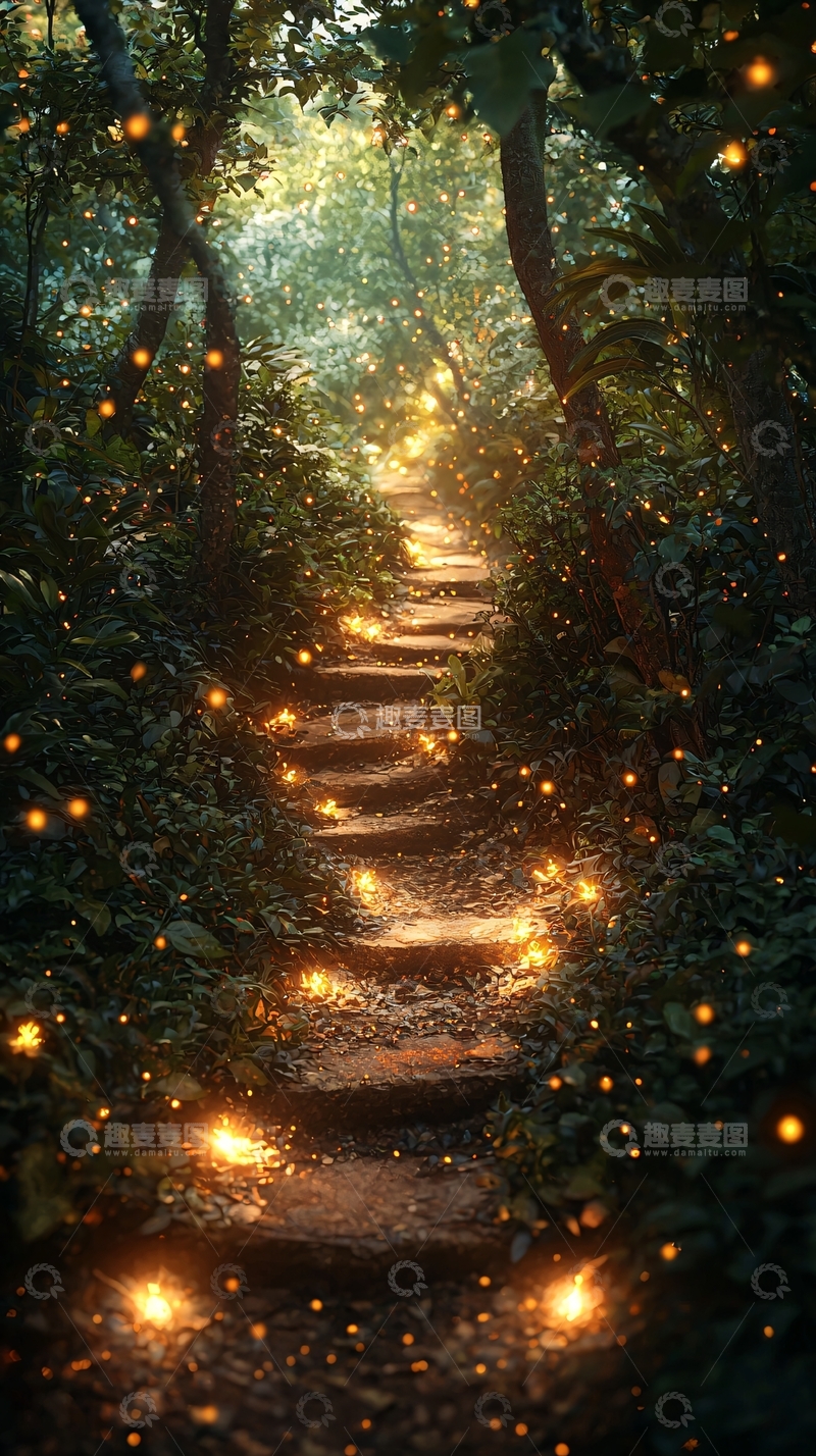 高清大图下载【趣麦麦图】林间小路萤火点点