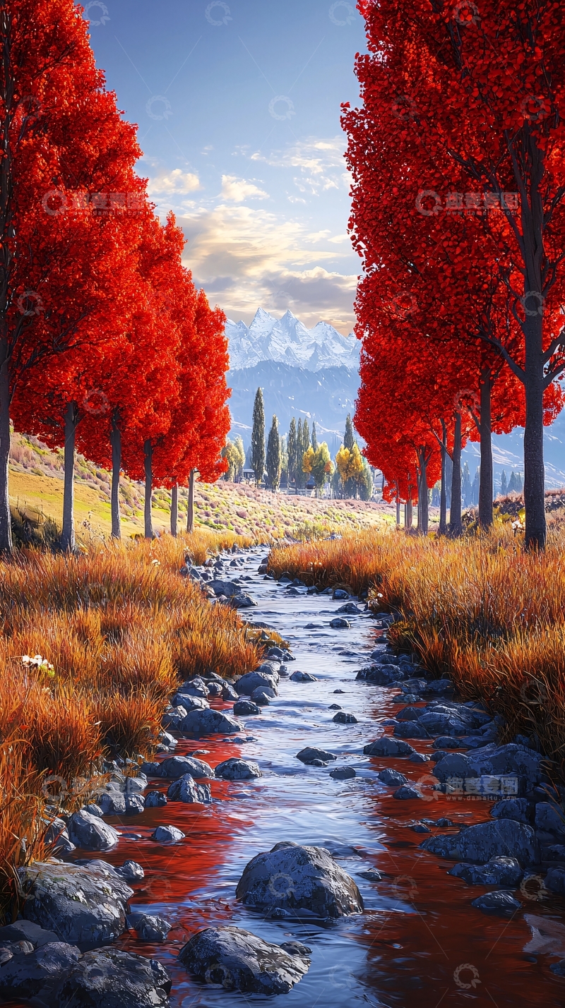高清大图下载【趣麦麦图】秋日红叶溪流山景