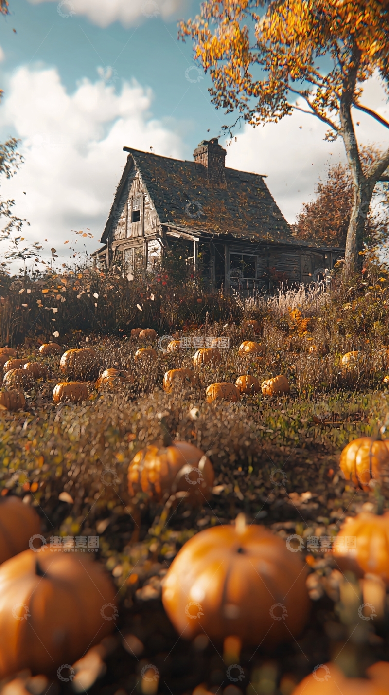 高清大图下载【趣麦麦图】秋日田园老屋南瓜