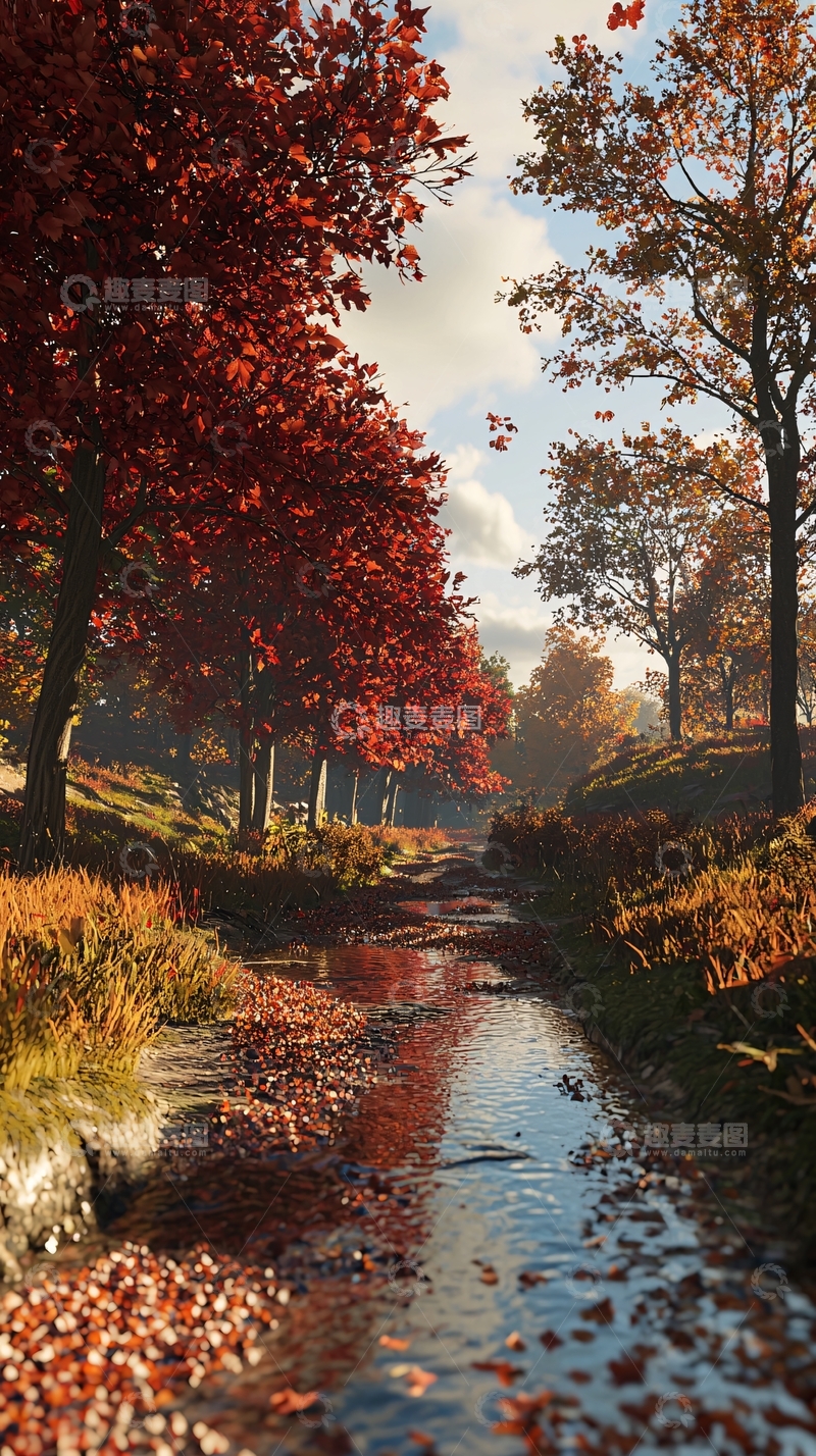 高清大图下载【趣麦麦图】秋日小溪红叶林