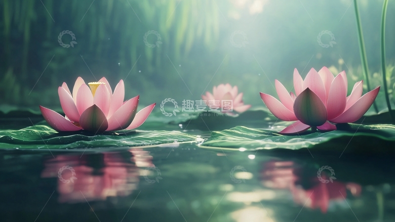 高清大图下载【趣麦麦图】静谧的粉色莲花水面倒影