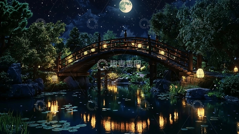 高清大图下载【趣麦麦图】月夜下的日式庭院