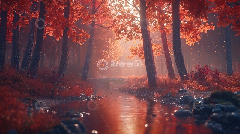 高清大图下载【趣麦麦图】红叶森林溪流