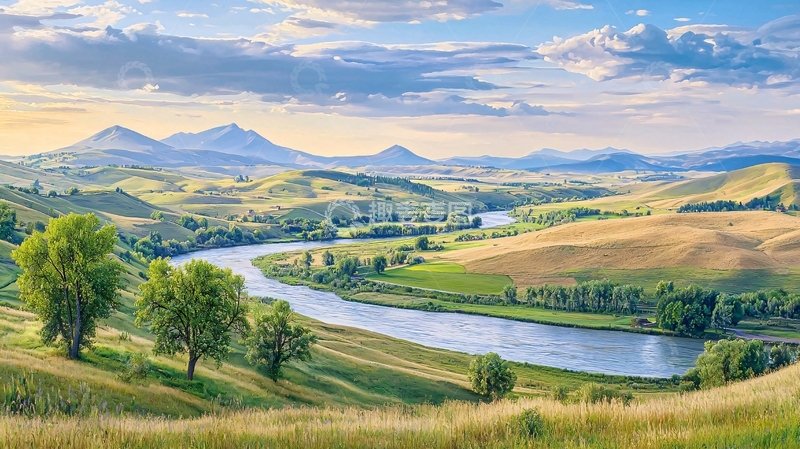 高清大图下载【趣麦麦图】山峦起伏的河流景观