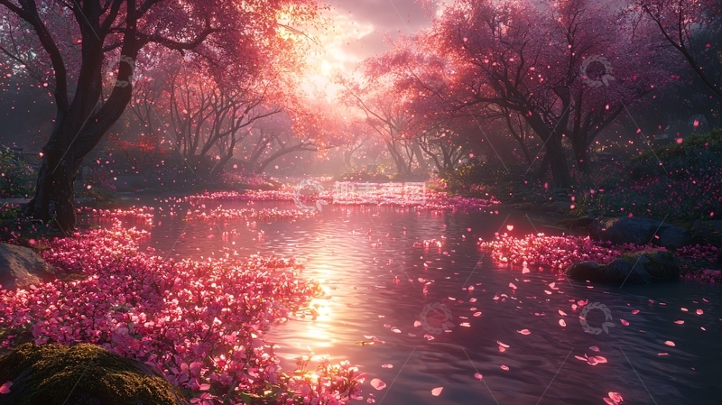 高清大图下载【趣麦麦图】粉色花瓣覆盖的河流
