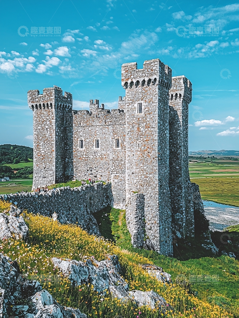 高清大图下载【趣麦麦图】巍峨城堡在绿草山丘上