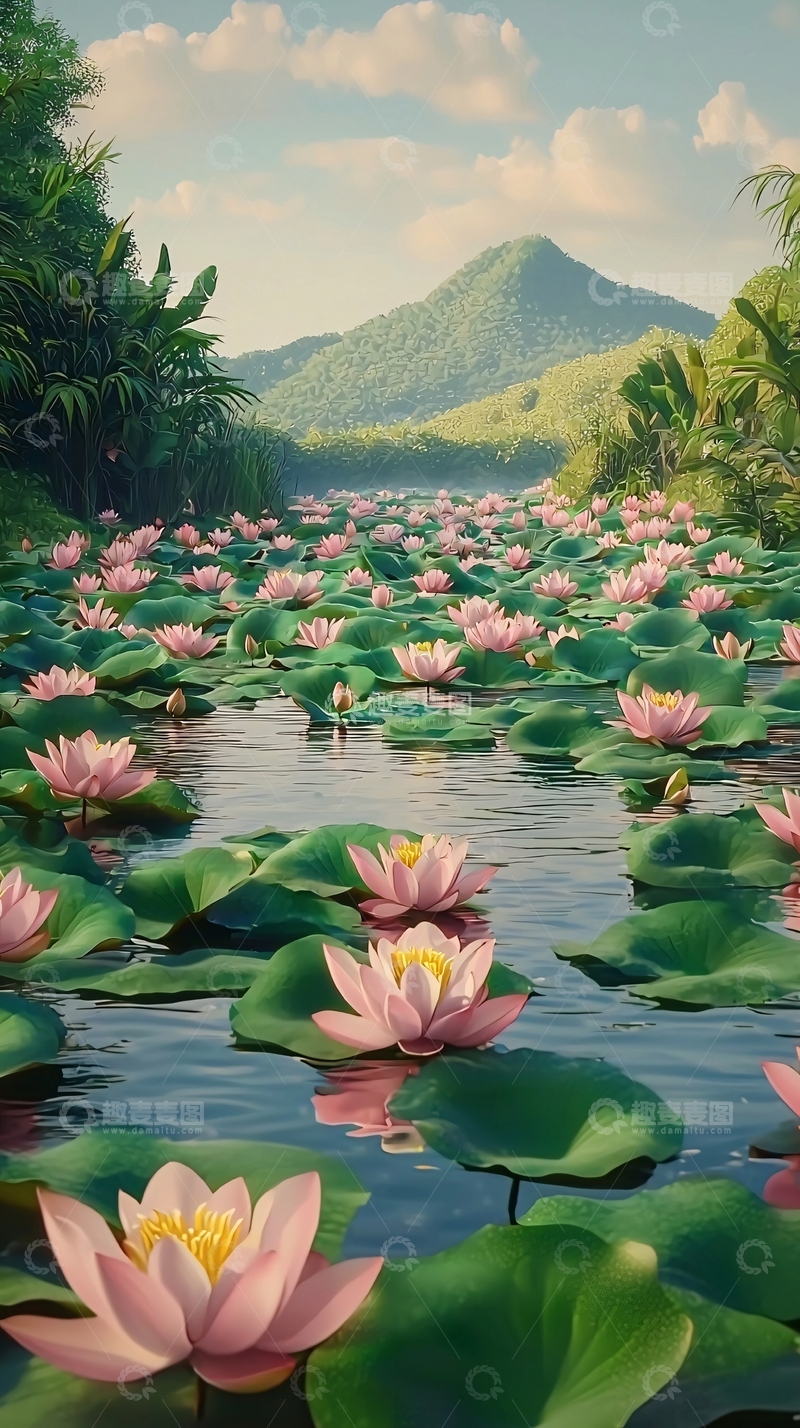 高清大图下载【趣麦麦图】山间河流粉色莲花