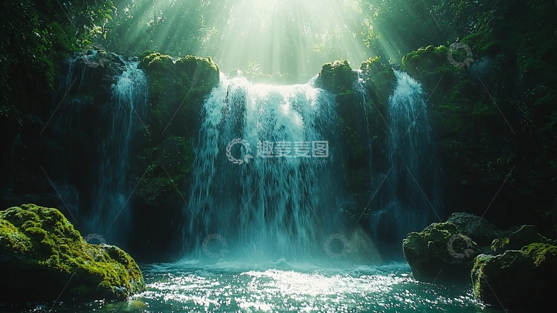高清大图下载【趣麦麦图】森林中的阳光瀑布