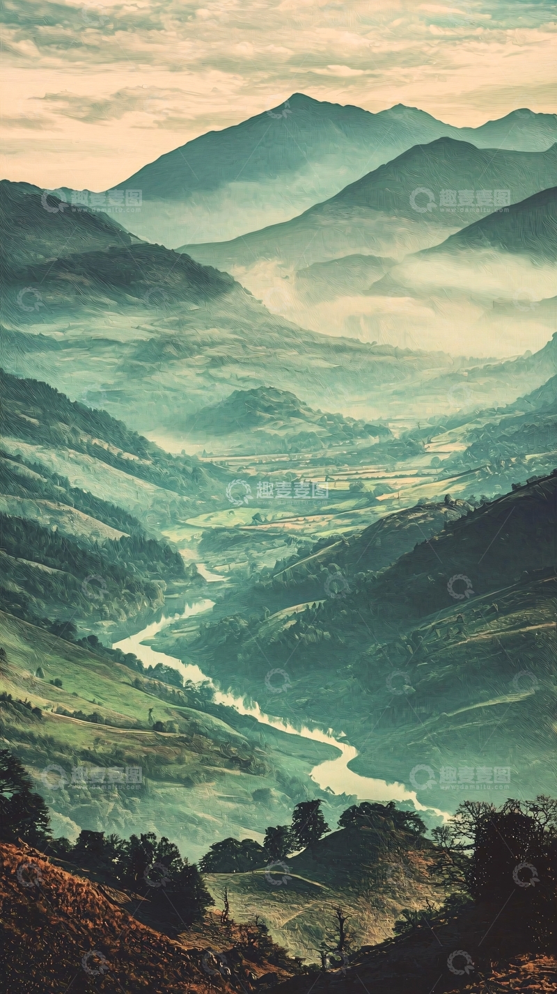 高清大图下载【趣麦麦图】雾气朦胧的山谷河流