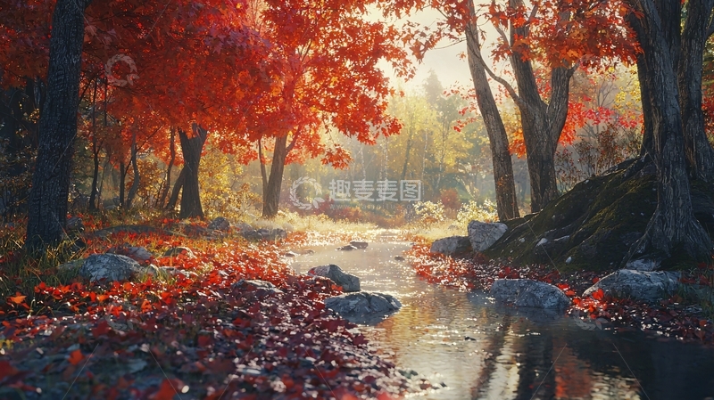 高清大图下载【趣麦麦图】秋日红叶森林小溪