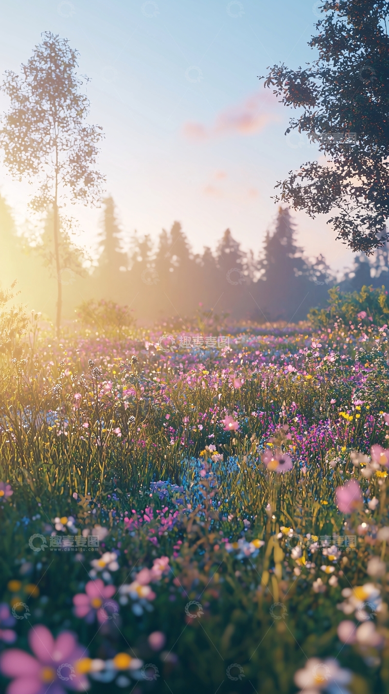高清大图下载【趣麦麦图】清晨阳光下的野花田