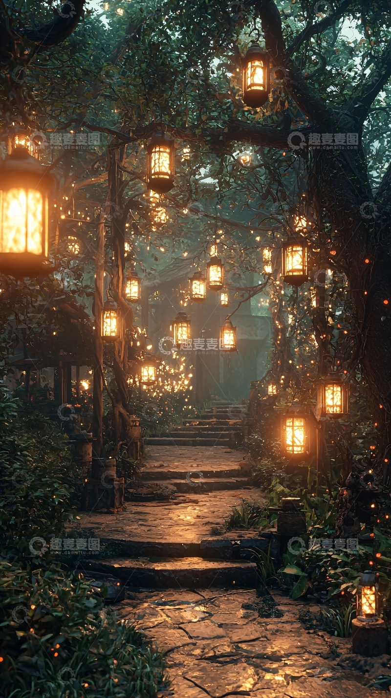 高清大图下载【趣麦麦图】森林中的灯笼小路