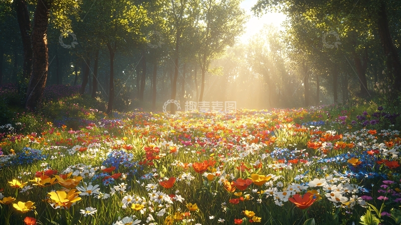 高清大图下载【趣麦麦图】阳光穿过树林洒在花地上