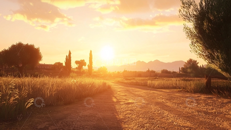 高清大图下载【趣麦麦图】夕阳下的田园小路