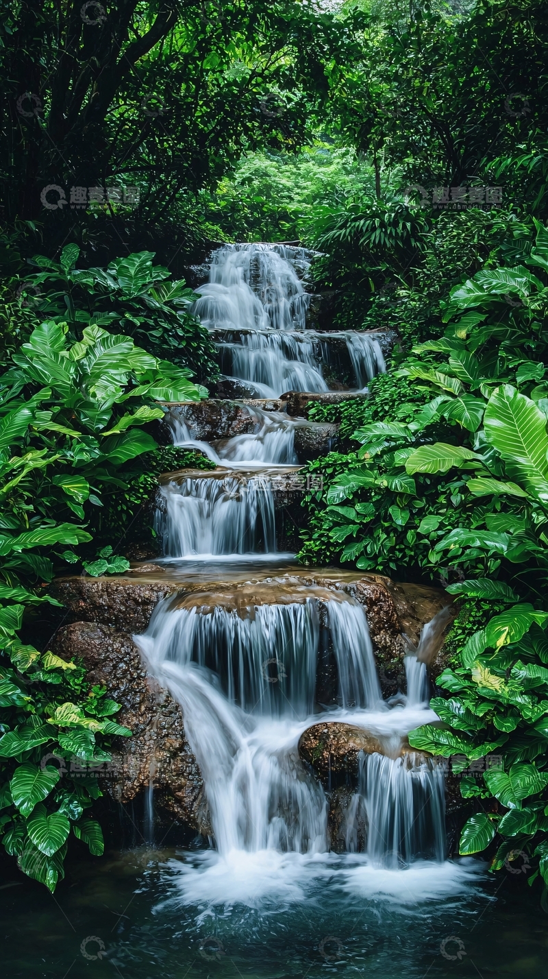 高清大图下载【趣麦麦图】层叠瀑布流淌在岩石上