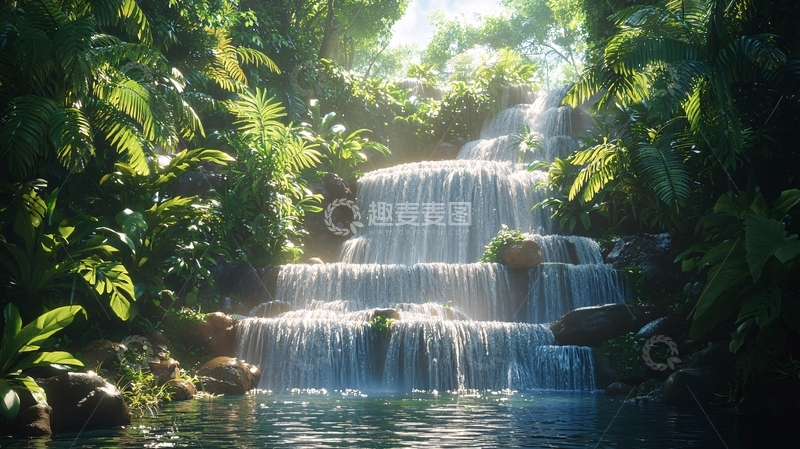 高清大图下载【趣麦麦图】郁郁葱葱的森林瀑布