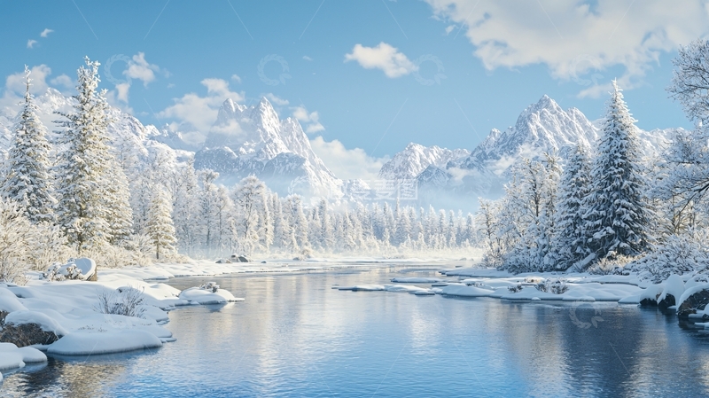 高清大图下载【趣麦麦图】雪山河流森林冬季