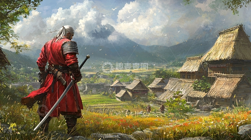 高清大图下载【趣麦麦图】红衣武士远眺村庄