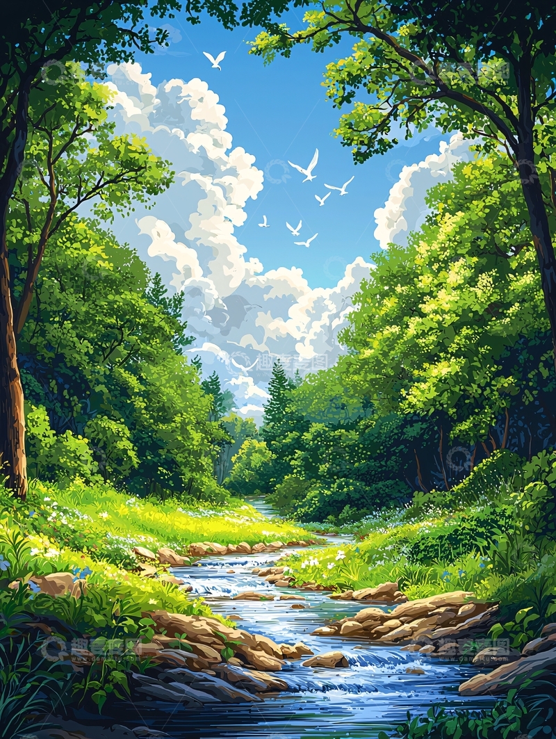 高清大图下载【趣麦麦图】绿树成荫的小溪