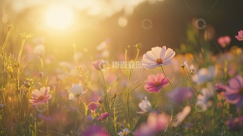 高清大图下载【趣麦麦图】夕阳下盛开的野花田