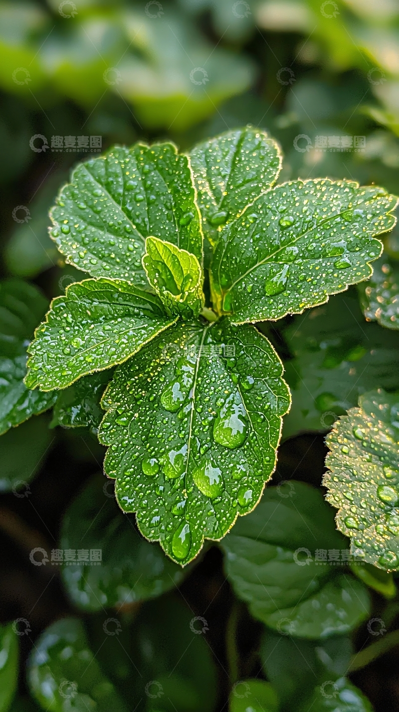 高清大图下载【趣麦麦图】翠绿叶片上的水珠