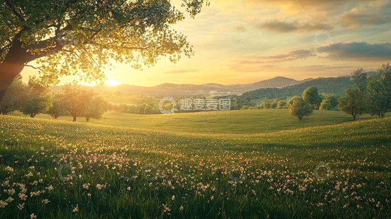 高清大图下载【趣麦麦图】阳光洒满绿油油的田野